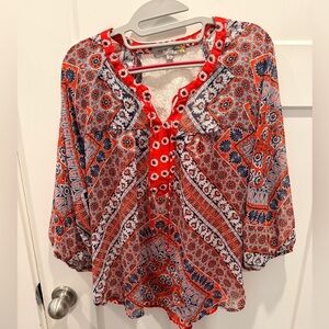 Figueroa & Flower Boho Floral Peasant Blouse Red Blue Lace Back Size S
